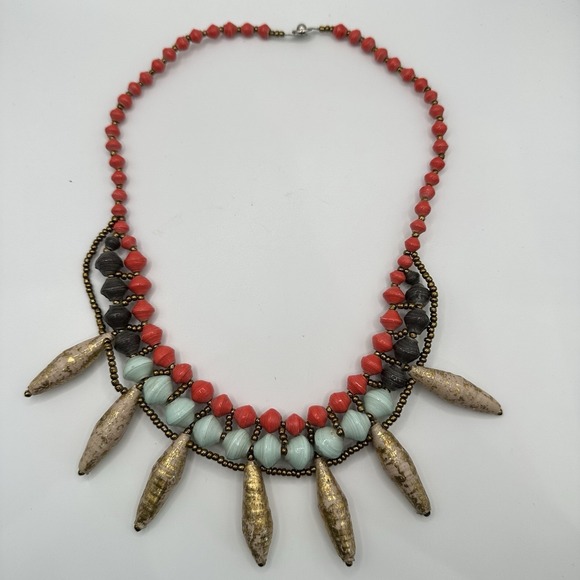Tribal Jewelry - VTG Recycled Paper Bead Necklace Chunky Layered Coral‎ Mint Gold Tribal African